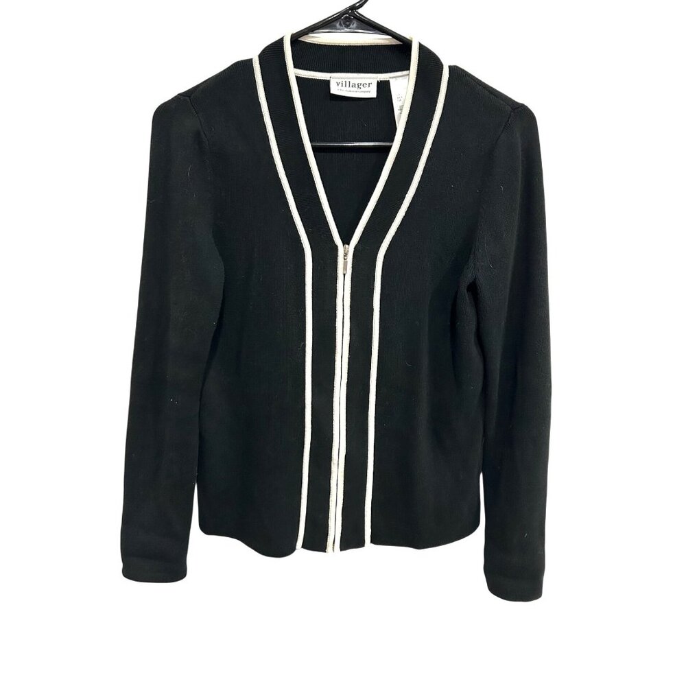 Villager Liz Claiborne Black Zip-Up Cardigan Sweater Size S  Modest Minimalist